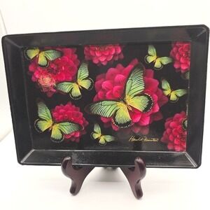 VTG Harold Feinstein Butterfly Floral Tray Trinket Dish Black Pink 8"